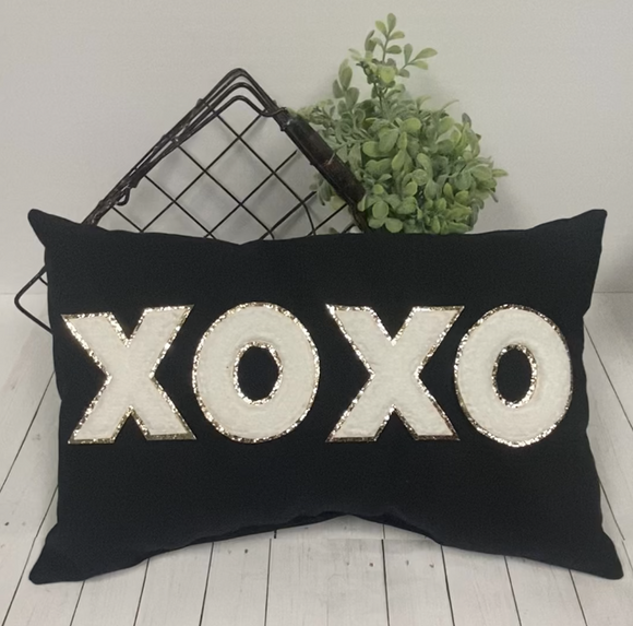 XOXO Canvas Throw Pillow with Chenille & Glitter Letters